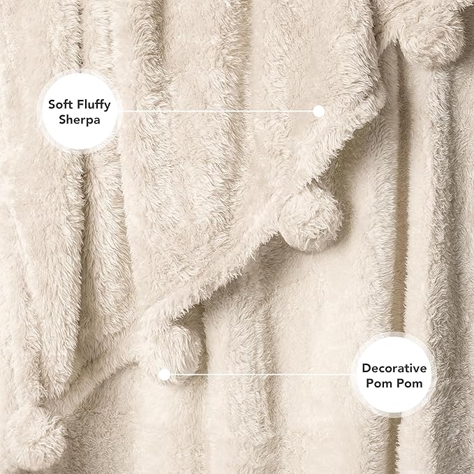 PAVILIA Cream Sherpa Throw Blanket for Couch, Warm Plush Pom Pom Blanket Throw, Ivory Fuzzy Sofa Throw, Lightweight Soft Cozy Fluffy Blanket with Pom Poms, Beige, 50x60