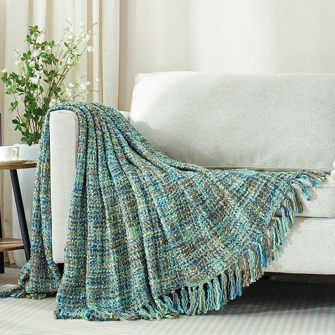 Multi-Color Green Cable Knitted Throw Blanket for Couch,50"X60" Boho Style Textured Blankets for Home Decor,Super Soft Warm Cozy Chunky Knit Blanket with Decorative Tassels for Bed and Sofa