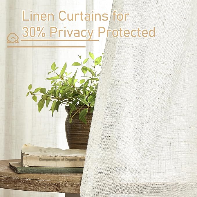 LAMIT Cream Linen Boho Curtains, 78 inch Length, 2 Panels, Light Filtering Semi Sheer, Back Tab and Rod Pocket, Neutral Panels for Bedroom/Living Room, 52 x 78 Inch