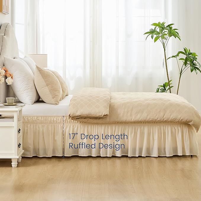 BISELINA Wrap Around Bed Skirts 17" Drop, Cotton Adjustable Elastic Dust Ruffles Easy Fit Wrinkle & Fade Resistant Soft Cozy Elegant Luxurious Bedding - Beige, King Size