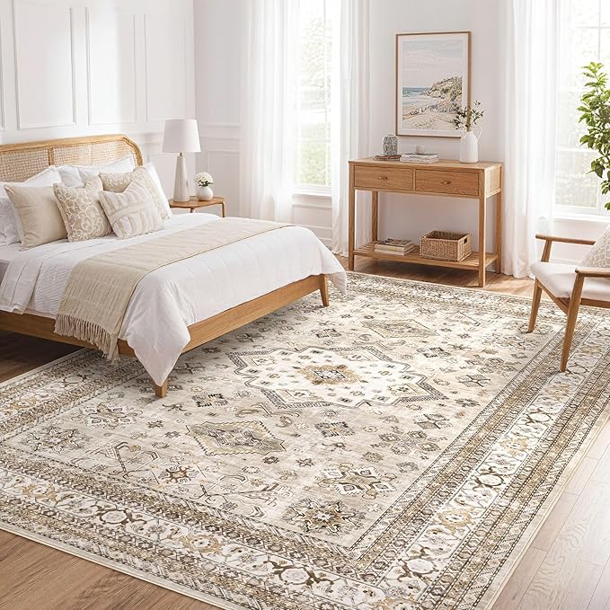 Vintage Living Room Area Rug 10x14 - Large Soft Washable Oriental Traditional Distressed Farmhouse Rugs for Bedroom - Indoor Floor Accent Carpet for Home Office House Decor - Beige