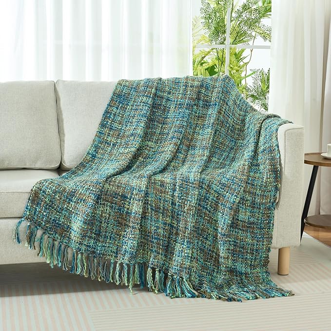 Multi-Color Green Cable Knitted Throw Blanket for Couch,50"X60" Boho Style Textured Blankets for Home Decor,Super Soft Warm Cozy Chunky Knit Blanket with Decorative Tassels for Bed and Sofa