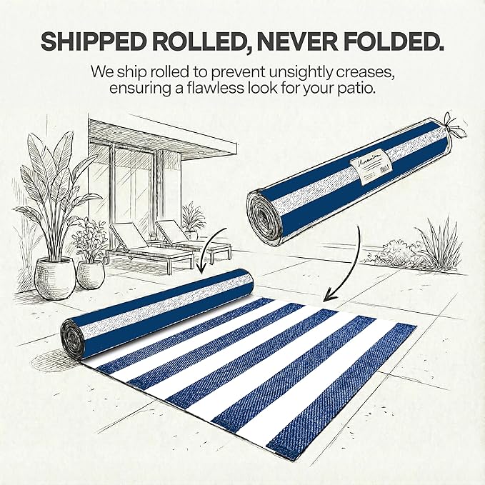 FH Home Outdoor Rug - Waterproof, Fade Resistant, Reversible - Premium Recycled Plastic - Striped - Porch, Deck, Balcony, Mudroom, Laundry Room, Patio - Brittany - Blue & White Crease Free - 3 x 5 ft