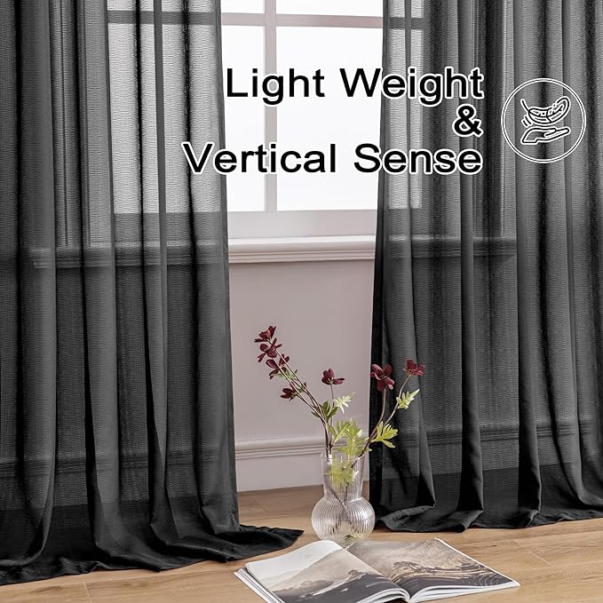 MAIHER 108 Inches Long Sheer Pleated Drapes 9FT Curtain Panels Voile Soft Touch Light Filtering Pinch Pleat Curtains with Ajustable Hooks for Bedroom Living Room, Black, 42" W x 108" L, 2 Panels