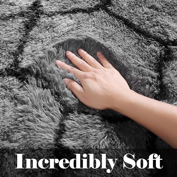 ONASAR Area Rugs for Bedroom Living Room, Washable 4x6 Fluffy Grey and Black Rug, Shaggy Geometric Floor Mat for Home Decor Aesthetic, Soft Plush Fuzzy Carpet for Nursery Kids Teen Dorm