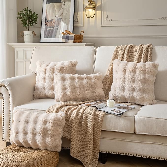 Pack of 2 Thick Plush Throw Pillow Covers Fluffy Wave Faux Fur Decorative Cushion Covers Soft Wool Pillowcase for Sofa Couch Livingroom 12x20 Inch Beige