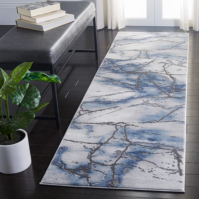 SAFAVIEH Craft Collection Runner Rug - 2'3" x 18', Grey & Blue, Modern Abstract Design, Non-Shedding & Easy Care, Ideal for High Traffic Areas in Living Room, Bedroom (CFT877L)
