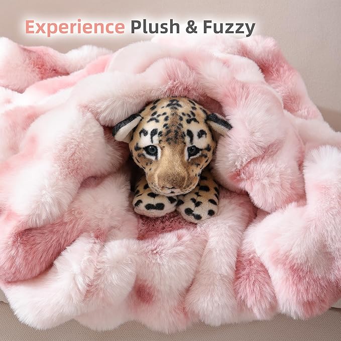 Smoofy Faux Fur Throw Blanket for Couch Rabbit Fleece - Tie-dye Pink Fluffy Blanket for Sofa Bedroom Living Room, Cozy Soft Plush Luxury Thick Winter Fuzzy Comfy Bubble Blanket - 60" x 80"