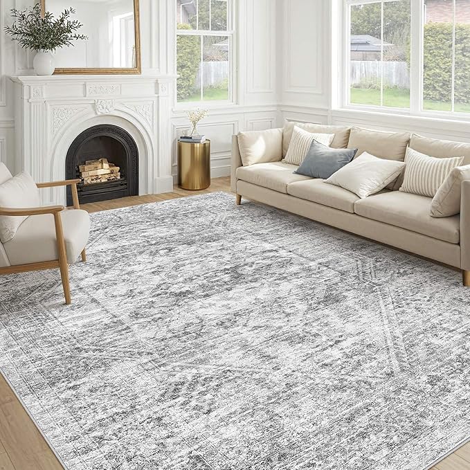 Vintage Living Room Area Rug 9x12 - Large Soft Washable Oriental Traditional Distressed Farmhouse Rugs for Bedroom - Indoor Floor Accent Carpet for Home Office House Decor - Distressed Grey