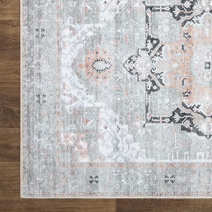 Bloom Rugs Washable Non-Slip 4' x 6' Rug - Gray/Coral Pink Traditional Area Rug for Living Room, Bedroom, Dining Room, and Kitchen - Exact Size: 4' x 6'