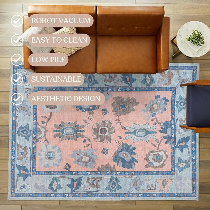 Fame Living Modern Oushak Rug, Vintage, Turkish, Eclectic, Floral, Pastel, Washable, Extra Large Area Rugs for Living Room, Dining, Bedroom, Lounge, 9'x12'