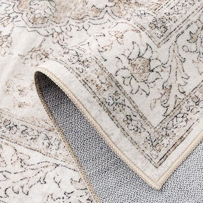 Beige Area Rug 5x8 Washable Living Room Carpet Vintage Non Slip Soft Bedroom Indoor Office Retro Low Pile Thin Oriental Medallion Large Rug for Dining Room Bathroom Kitchen