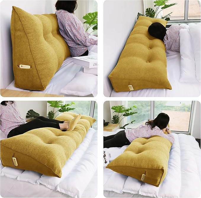 Wedge Headboard Pillow Dorm Room Reading Pillow Back Support for Sitting Up in Bed Bolster Lumbar Cushion Body Positioning Bedrest Gift for Mom Cotton Linen 59in Yellow Queen