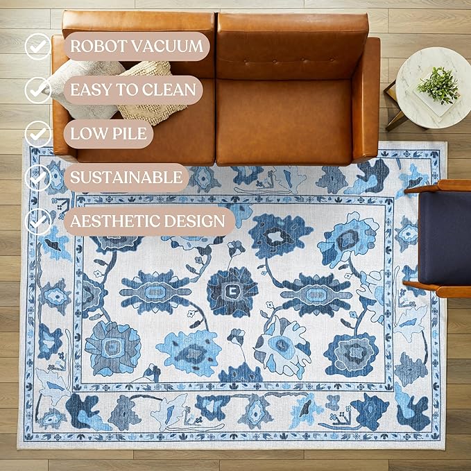 Fame Living Navy Blue Oushak Runner Rug, Modern Runners, Vintage, Turkish, Eclectic, Floral, Pastel, Washable, Long Runner Rugs for Hallway, Kitchen, Living Room, Bedroom, Kitchen, Bathroom, 2'5"x13'