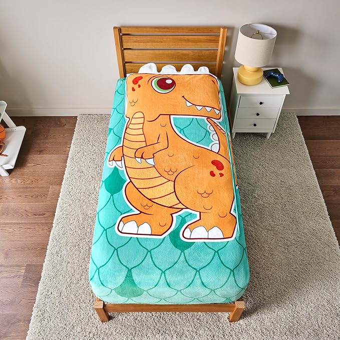 ZippySack Twin Bed Zip-Up Bedding – Super Soft Fleece Fitted Blanket with Side Pocket & Durable Zipper – Easy Bed-Making for Kids (Dinosaur)