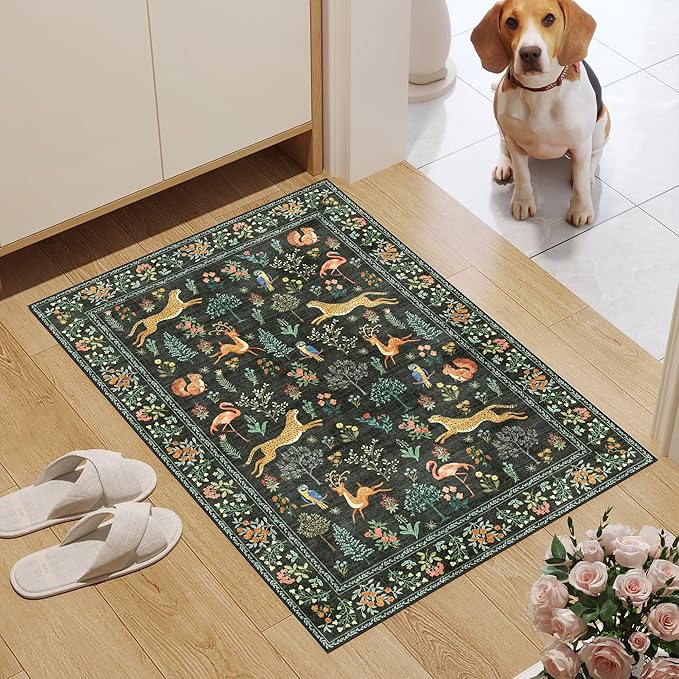 DUKINO 2x3 Rug, Washable Animal Rugs for Entryway, Non Slip Indoor Door Mat, Soft Low Pile Small Area Carpet for Entrance, Bedroom, Kitchen, Laundry, Bathroom, Black