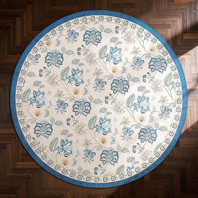 jinchan Elora 4ft Floral Round Rug for Entryway Washable Kitchen Rug Vintage Romance Design Non Slip Indoor Doormat Lightweight Low-Profile Throw Carpet for Living Room Dining Room Bedroom, Blue/Beige