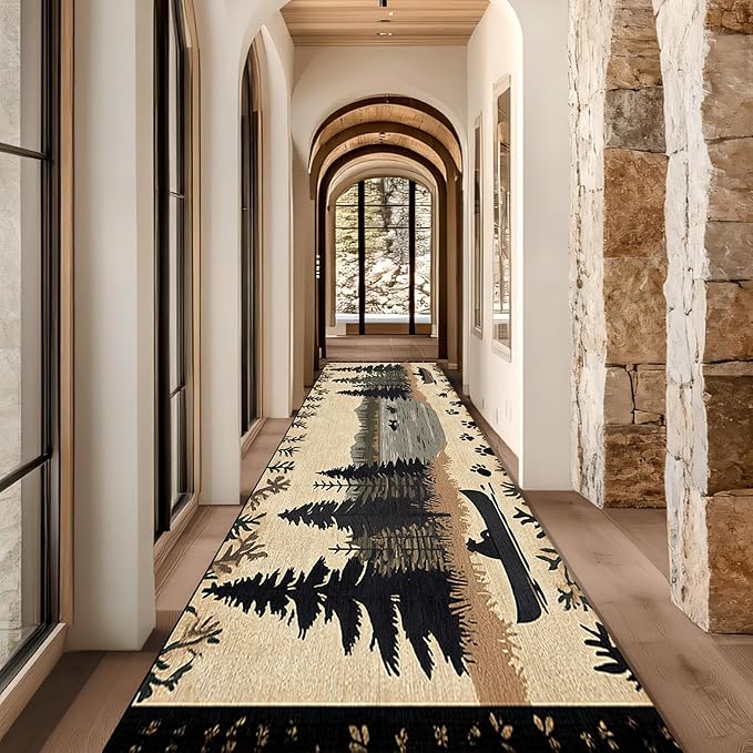 Vintage Bear Claw Fishing Boat Rug 2x4ft Elk Pine Forest Bohemian Carpet, Non-Slip Nursery Rug with Washable Surface, Brown Retro Floor Mat for Cabin Decor