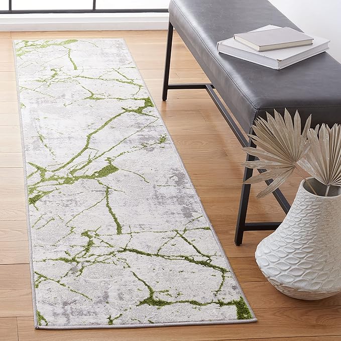 SAFAVIEH Amelia Collection Runner Rug - 2' x 6', Grey & Green, Modern Abstract Design, Non-Shedding & Easy Care, Ideal for High Traffic Areas in Living Room, Bedroom (ALA293J)