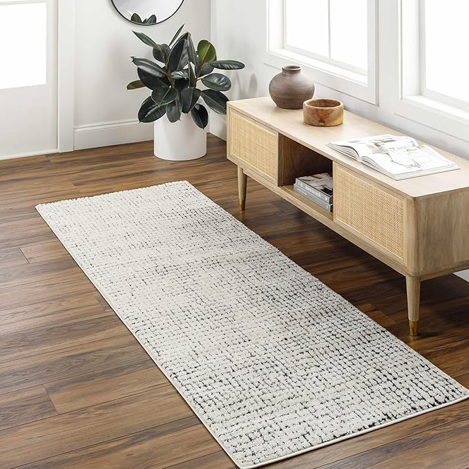 Hauteloom Keita Contemporary Mosaic Runner Rug - High Pile Fluffy Soft Shag Carpet for Hallway, Kitchen - Black and White - 2'8" x 7'3" Runner