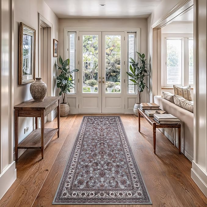 Bloom Rugs Washable Non-Slip 10 ft Runner - Slate Gray Traditional Oriental Runner for Entryway, Hallway, Bathroom, and Kitchen - Exact Size: 2.5' x 10'