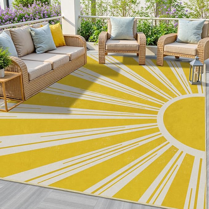 Outdoor Indoor Area Rug Boho Sun Washable Outdoor Patio Rugs Medieval Aesthetic Vintage Abstract Art Non-Slip Carpet for Living Room, Patio, Porch, Pool Deck (5x8)