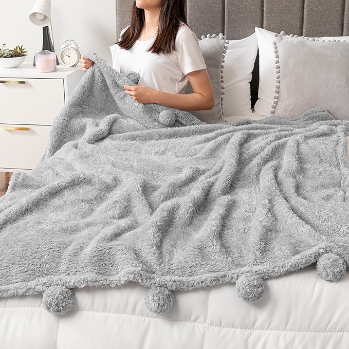 Pavilia Light Grey Sherpa Throw - Twin, Fuzzy Couch Throw with Pom Poms, Soft Fluffy Cozy Blanket - Lightweight, 60x80