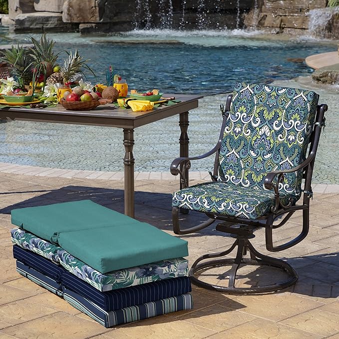 Arden Outdoor Dining Chair Cushion, 2 Pack, 20 x 20, Rain-Proof, Fade Resistant, Sapphire Aurora Blue Damask