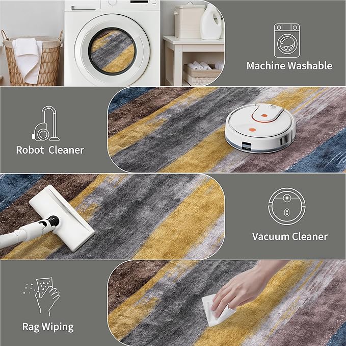Ciicool Modern Abstract Area Rug 2x3 Washable Small Entryway Rugs, Non-Slip Low Pile Throw Rug, Foldable Kitchen Bathroom Rugs, Yellow Grey Blue Floor Carpet for Entrance Bedroom Indoor Doormat