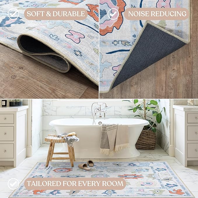 Fame Living Cream Oushak Runner Rug, Modern Runners, Vintage, Turkish, Eclectic, Floral, Pastel, Washable, Long Runner Rugs for Hallway, Kitchen, Living Room, Bedroom, Kitchen, Bathroom, 2'5"x13'
