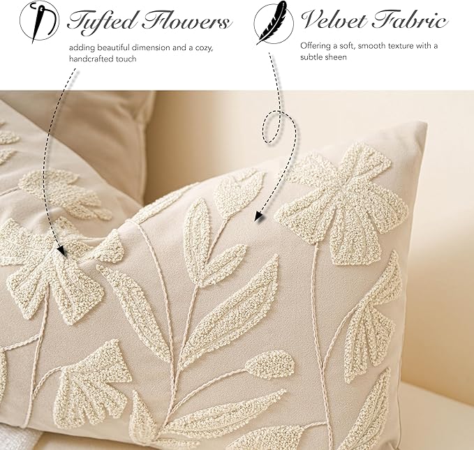 BlissBlush Light Beige Soft Velvet Decorative Accent Lumbar Throw Pillow Cover 12X20, Neutral Floral Tufted Soft Farmhouse Textured Pillowcase, Accent Pillowcase for Couch Sofa Bed Living Room