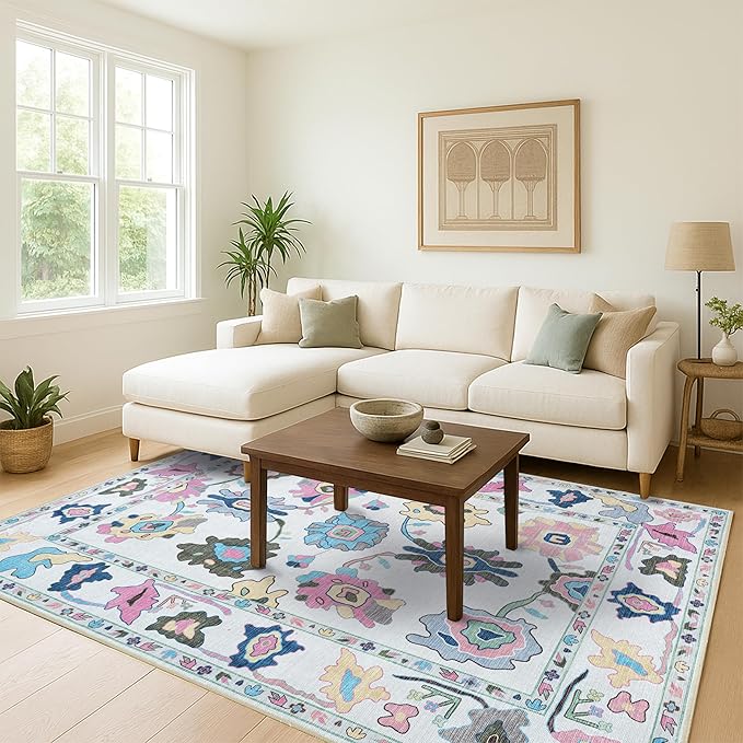 Fame Living Colorful Oushak Rug, Modern Rugs, Vintage, Turkish, Eclectic, Floral, Pastel, Washable, Small Throw, Accent Area Rug for Living Room, Bedroom, Kitchen, Bathroom, 2'5"x4'9"