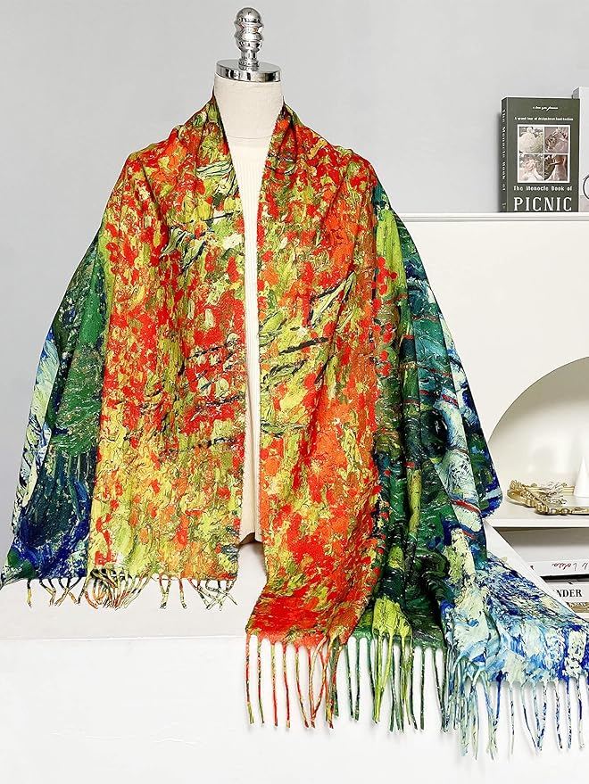 VENVSBEE Reversible Scarf Soft Large Shawl Wrap Blanket Double Sided Art Print Warm Pashmina Stoles Klimt Van Gogh Gifts