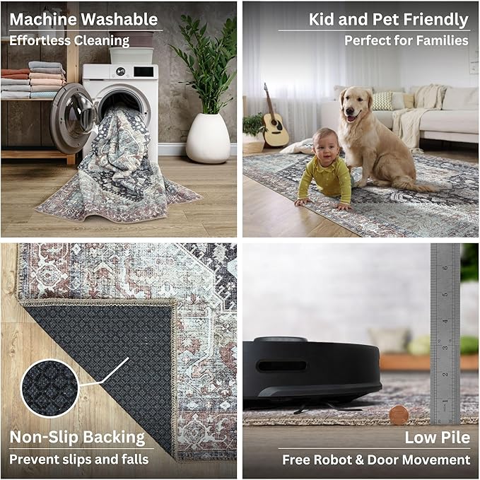 Bloom Rugs Washable Non-Slip 6' x 9' Rug - Charcoal/Brown Traditional Medallion Area Rug for Living Room, Bedroom, Dining Room, and Kitchen - Exact Size: 6' x 9'