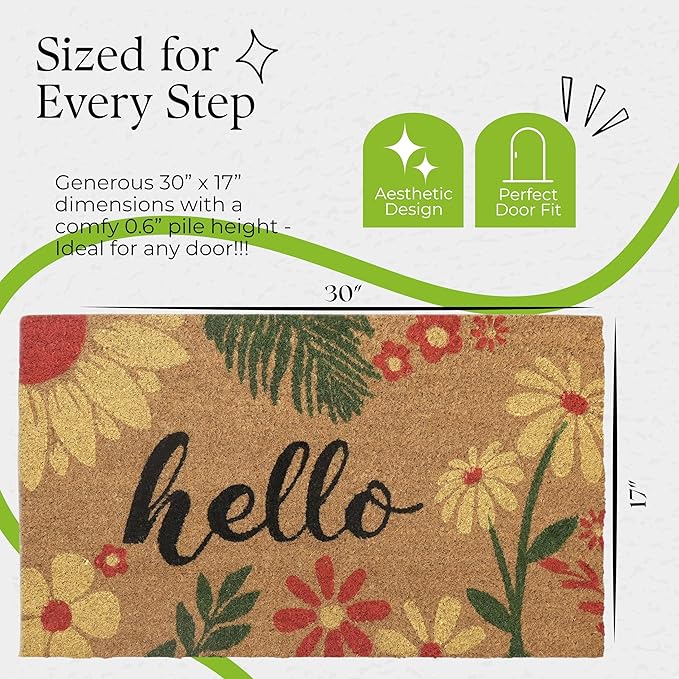 Coir Door Mats 17" X 30", Non-Slip Sturdy, PVC Backed Heavy Duty, Easy to Clean, Ideal for Door Entrance, Patio, Porch, Backyard, Garages, Vibrance of Flora - Hello