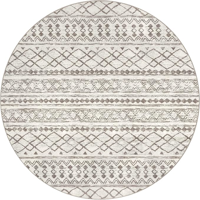 KUTA Round Washable Rug 5Ft Beige Boho Area Rugs for Living Room, Moroccan Foyer Throw Mat Non Slip, Soft Distressed Geometric Entry Circle Low-Pile Carpet for Bedroom Nursery Dorm Decor