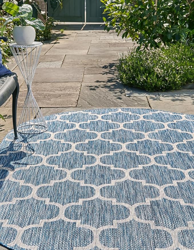 Unique Loom Trellis Collection Area Rug-Lattice Design, Moroccan Inspired for Indoor/Outdoor Décor, 5' 0" x 8' 0" Oval, Navy Blue/Gray