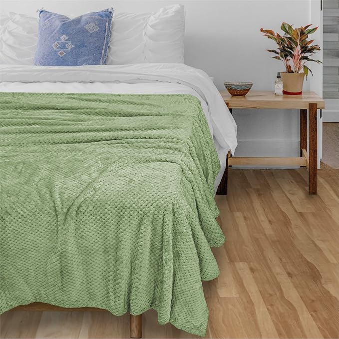 PAVILIA Sage Green Throw Blanket for Couch, Twin Bed, Soft Fleece Throws for Sofa Chair, Fuzzy Waffle Textured Blanket, Cozy Warm Lightweight All Season Blanket Throw, 60x80