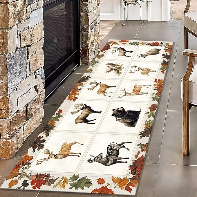 Beige Checkered Maple Bear Elk Hallway Rug 2.6x10ft Bohemian Vintage Floor Mat for Nursery Farmhouse, Foldable Anti-Fatigue Rug with Crushed Leaf Pattern