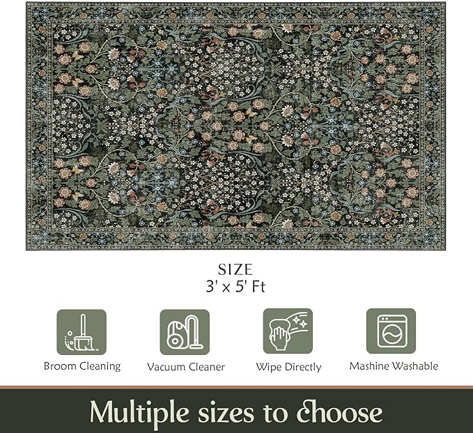 MUJOO 3x5 Rug Washable,Floral Area Rug for Bedroom Office Entryway Living Room Bedside,Small Throw Carpet Boho Non Slip Indoor Floor Botanical Vintage Ultra-Thin Black and Green