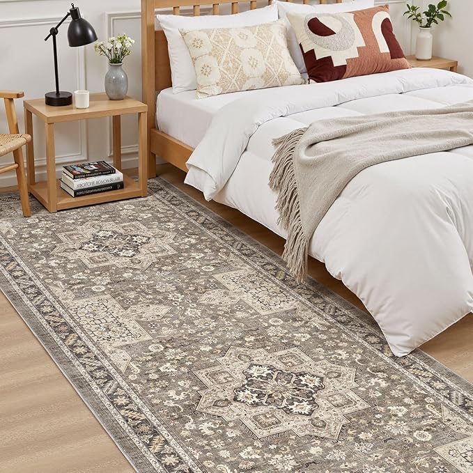 Vintage Hallway Runner Rug 3x10: Large Soft Washable Entryway for Kitchen Laundry Room Non-Slip Backing Runner for Entrance Living Room Bedroom Bathroom - Brown