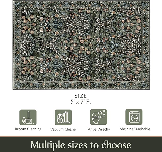 MUJOO Floral 5x7 Area Rugs,Washable Rug for Living Room Bedroom Office Dining Room,Large Throw Carpet,Boho Non Slip Indoor Floor Big Soft Botanical Vintage Ultra-Thin Black and Green