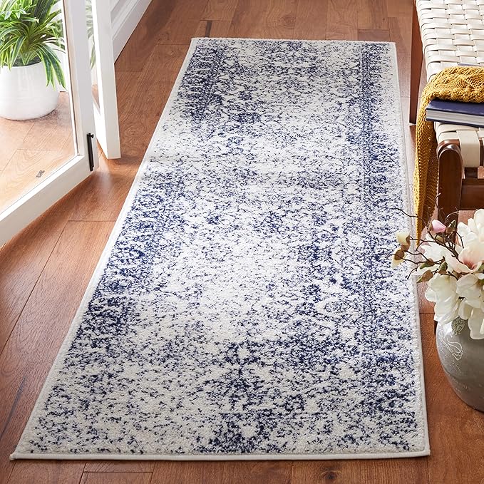 SAFAVIEH Adirondack Collection Runner Rug - 2'6" x 8', Ivory & Navy, Distressed Vintage Floral Design, Non-Shedding & Easy to Clean, Ideal for Hallway, Foyer, Entryway, Bedroom (ADR109M)