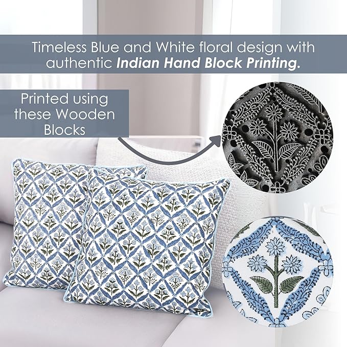 SheetKart Block Print Pillow Cover - Cotton Throw Pillow Covers for Boho Decorative Couch, Living Room, Bohemian Theme Gifts, Floral Blue - 18 x 18 Inches - Set of 2