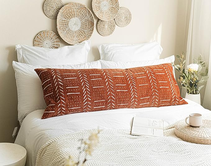 BlissBlush Fall Brick Red Soft Chenille Boho Body Pillow Cover 20x54, Decorative Oversized Long Lumbar Pillow, Boho Textured Oversize Body Pillow, Cover ONLY