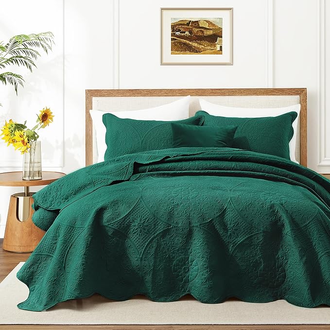 IR Imperial Rooms Twin Quilt Bedding Set Size (68” x 86”) + 1 Pillow Shams (20” x 26” + 2”) - 2 Pcs All Season Lightweight Reversible Microfiber Coverlet Floral Embossed Quilt Bedspread (Emerald)