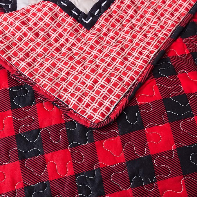 Soul & Lane Deer in The Pines 50" x 60" Lightweight Buffalo Plaid Blanket: Christmas Rustic Bedding Quilted Throw, Check Black and Red Quilt, Holiday Outdoor Coverlet, Lodge Winter Lap Comforter