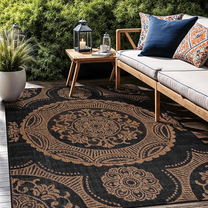 Medallion Outdoor Rug 8x10 Washable Outside Carpet for Indoor Patio Porch Waterproof Easy Cleaning Non Shedding Area Rugs Nut Brown 8 x 10