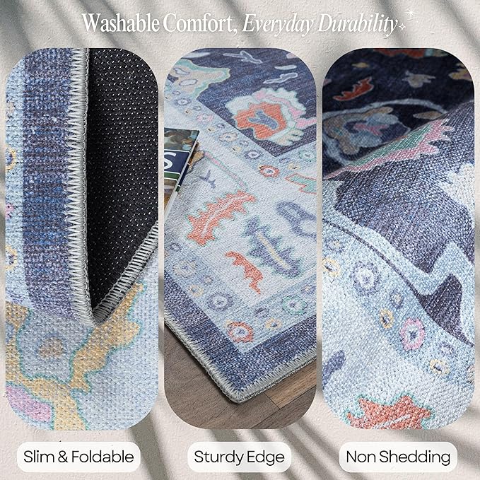 Fame Rugs Navy Blue Modern Oushak Rug 9x12, Vintage Turkish Colorful Oriental Washable Antique Inspired Oversize Area Rugs, Luxury Living Room Bedroom (386PBL, 9' x 12) (388NB, 9' x 12)
