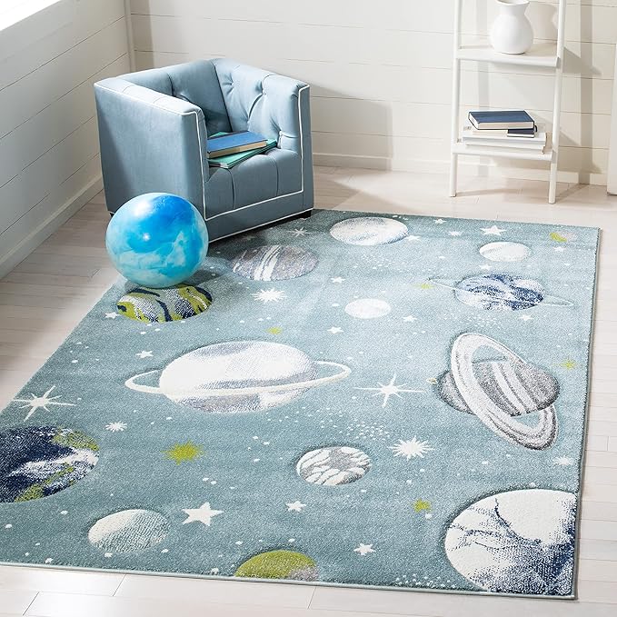 SAFAVIEH Carousel Kids Collection Area Rug - 5'3" Square, Teal & Ivory, Non-Shedding & Easy Care, Ideal for High Traffic Areas for Boys & Girls in Playroom, Nursery, Bedroom (CRK103J)